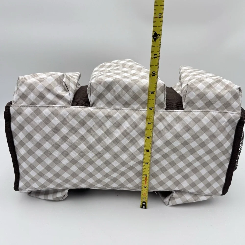 Thirty One 31 Zip Top Organizing Tote 7 Pocket Medium Taupe Brown Gingham Bag